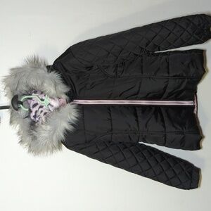 Jessica Simpson Black Puffer Coat with Faux-Fur Lined Hood + Pink Zipper S 7-8
